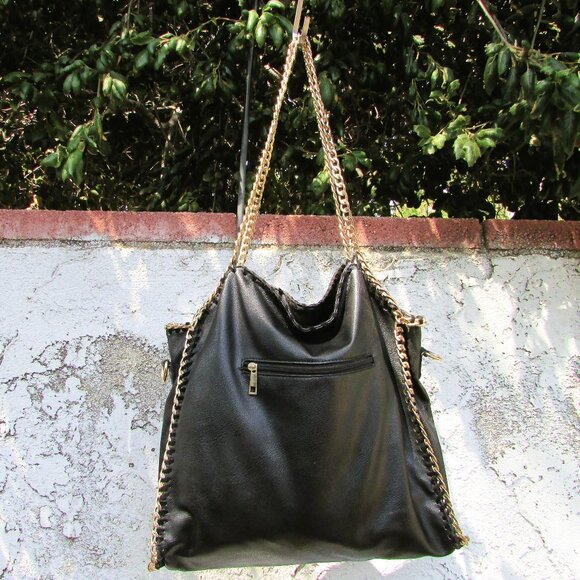 Black faux leather gold tone chain tote 15"X14"X5" - Picture 2 of 7